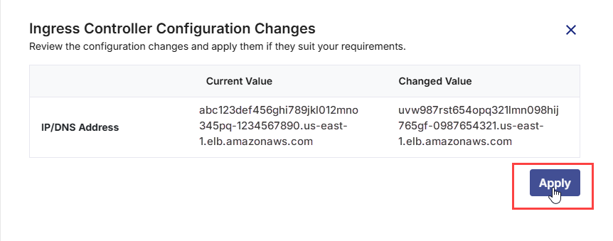 Side drawer showing changes in global ingress controller configuration with an option to apply them