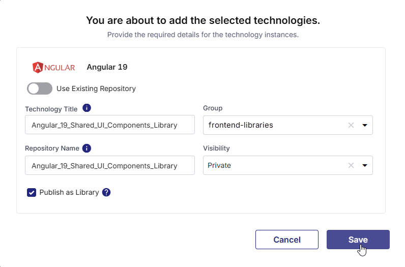 Adding a technology to be publsihed as library