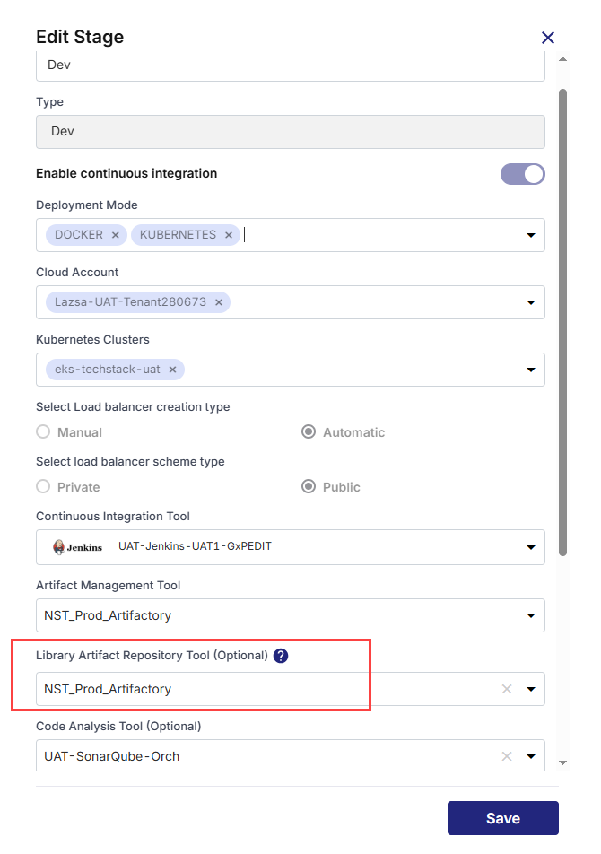 Library Artifact Repository Tool option in stage configuration