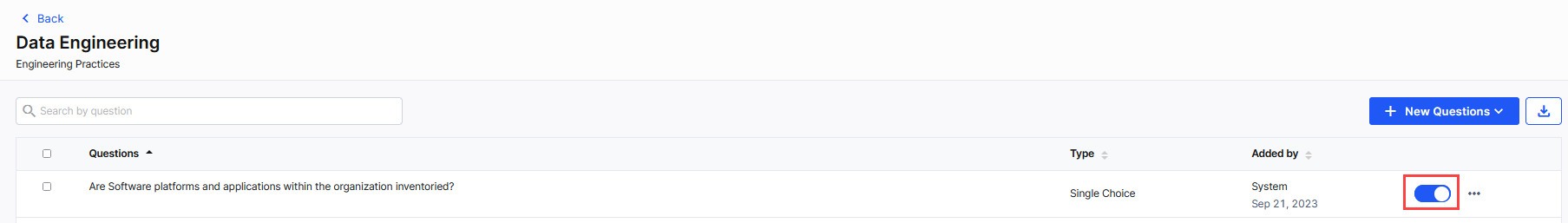 Toggle switch to enable or disable a question in assessment questionnaire