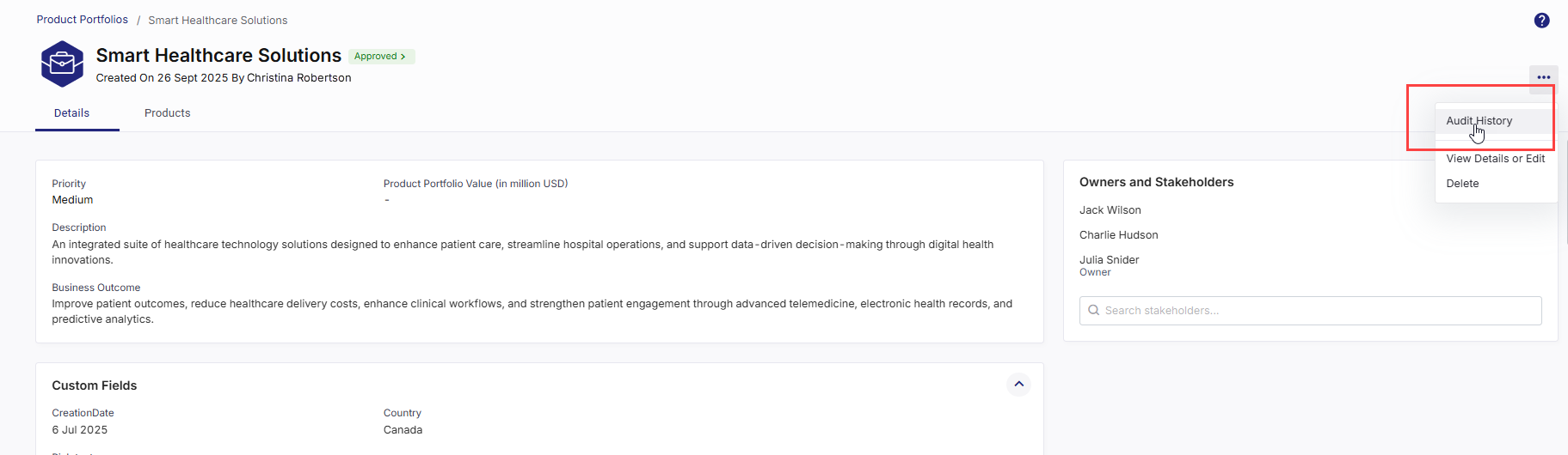 Portfolio Audit History option