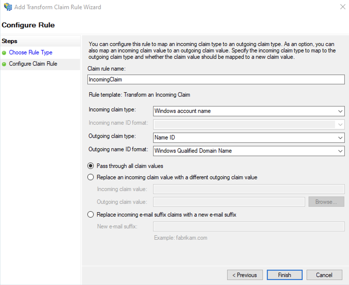 Configure rule to map incoming claim type to outgoing claim type