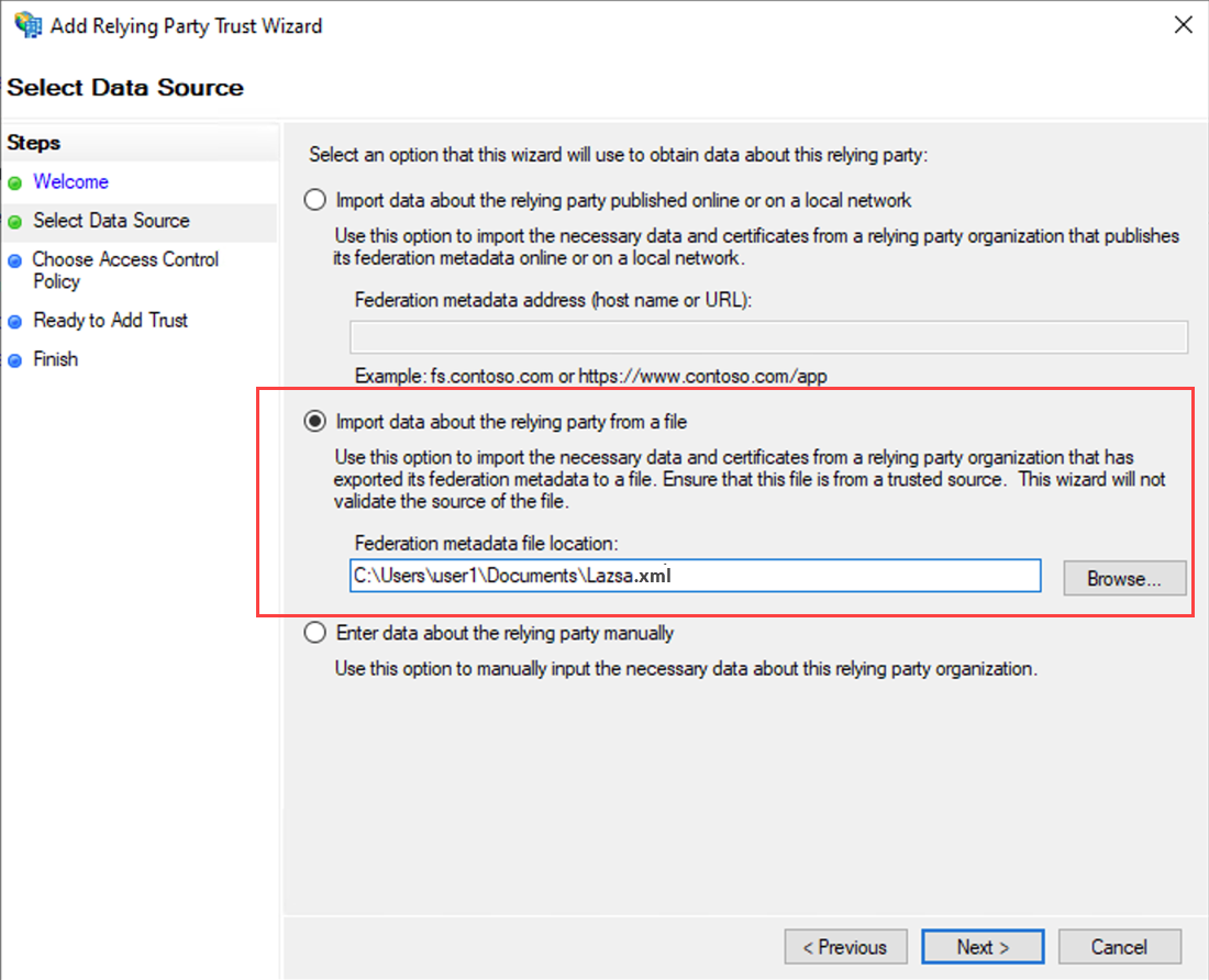 Choose Import data about the relying party from a file