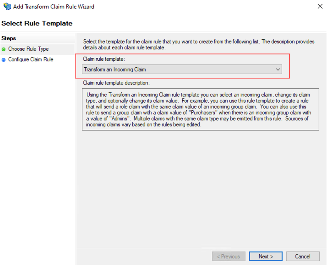 Select Transform an Incoming Claim template