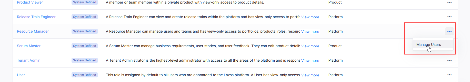 Manage users for system-defined platform role