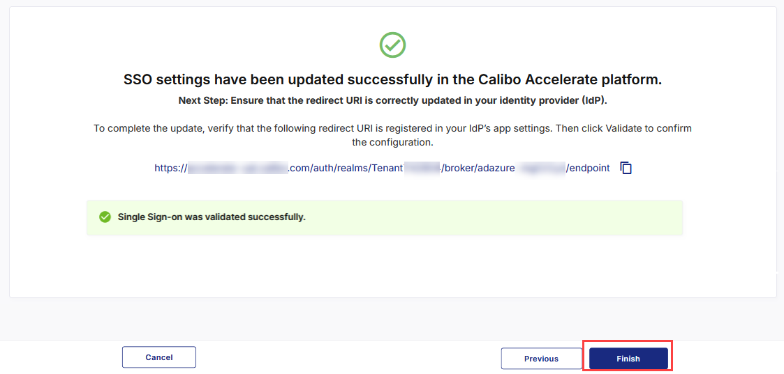 Click Finish to return to the Security and SSO screen