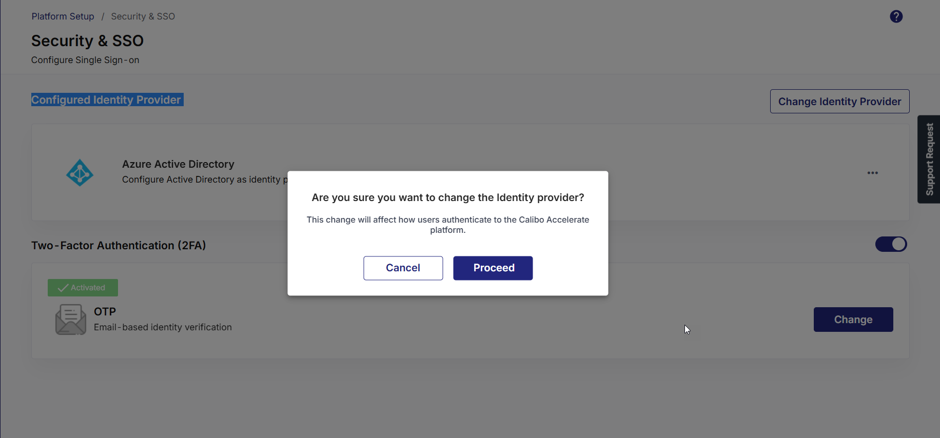 Confirmation message to change IdP configuration in Calibo Accelerate