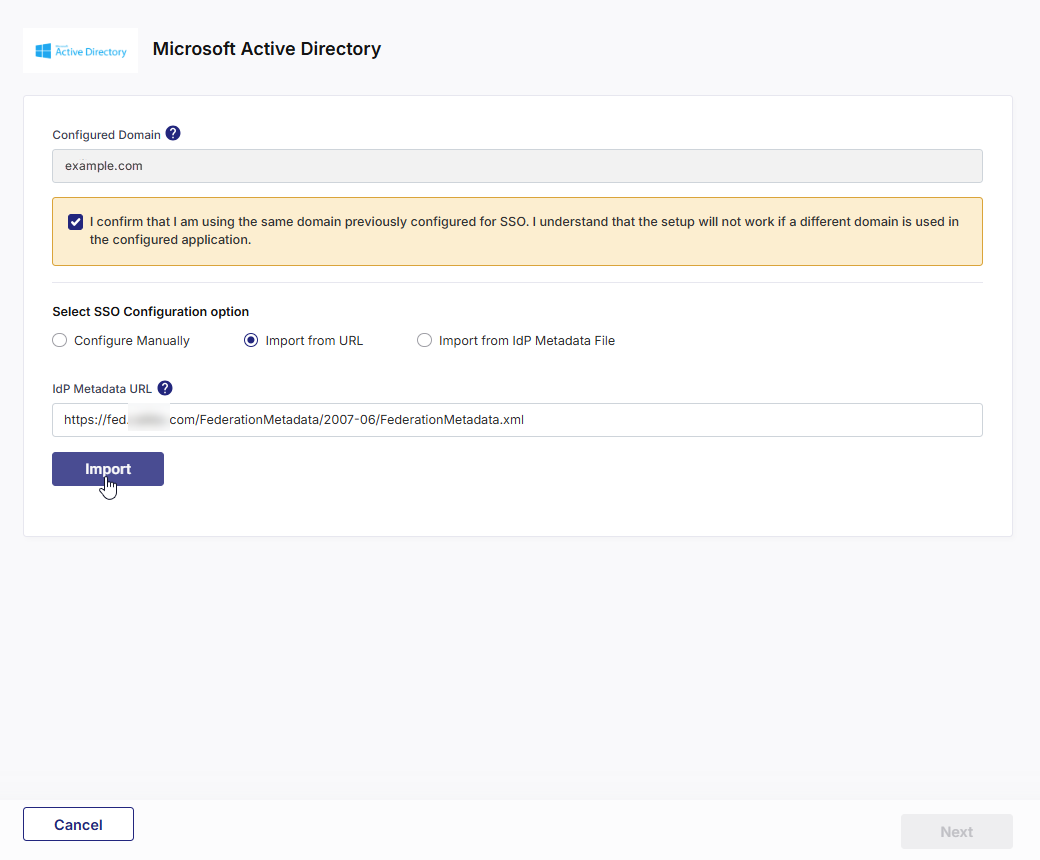 Importing updated ADFS SSO configuration from Federation Metadata URL Importing updated ADFS SSO configuration from Federation Metadata URL