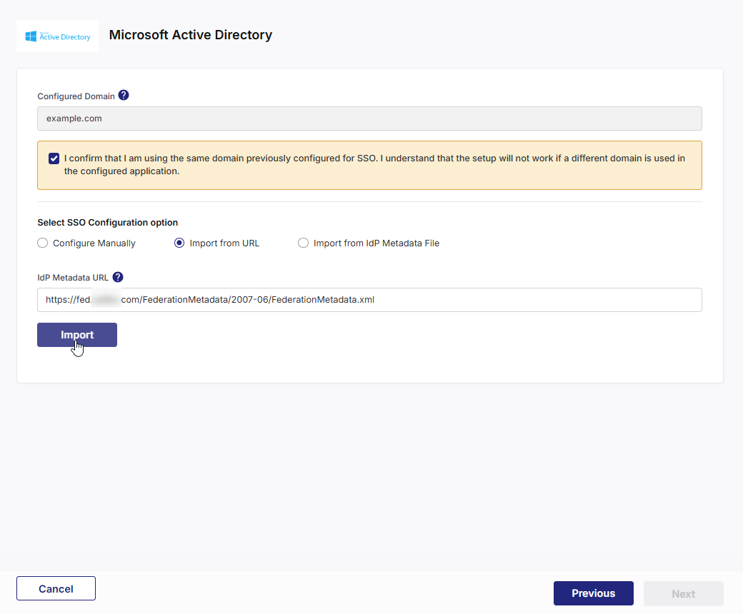 Import SSO metadata from IdP URL Import SSO metadata from IdP URL
