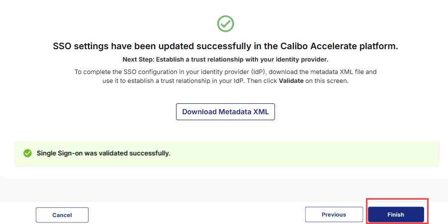 Click Finish to return to the Security and SSO screen