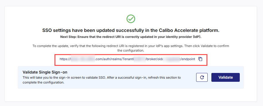 SSO configuration complete in Calibo Accelerate: Update redirect URL in IdP