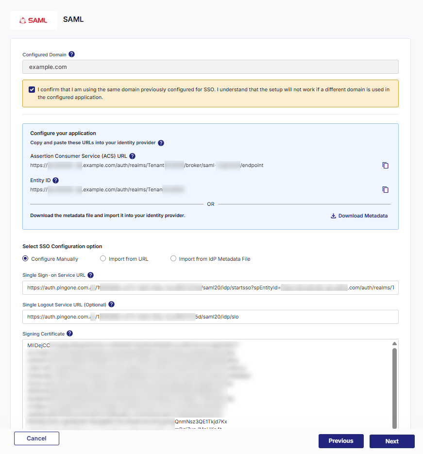 Entering SAML details manually