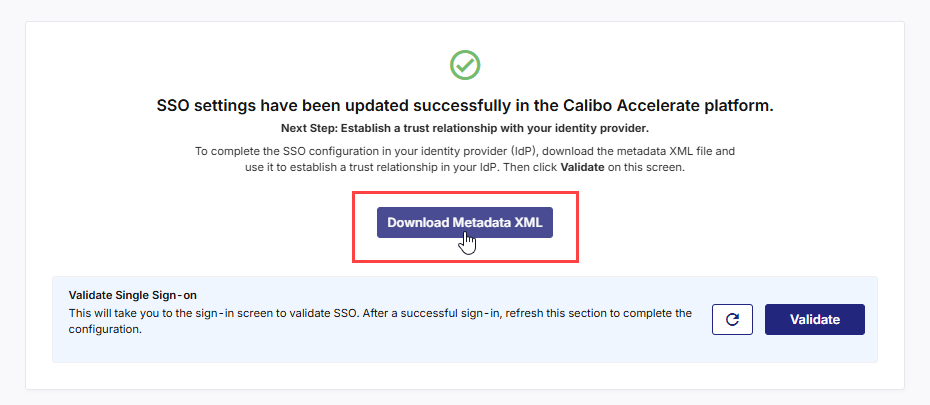 Download metadata XML file to create trust relationship between Calibo and IdP