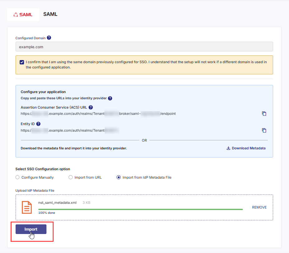 Upload IdP metadata fileto fetch SAML details