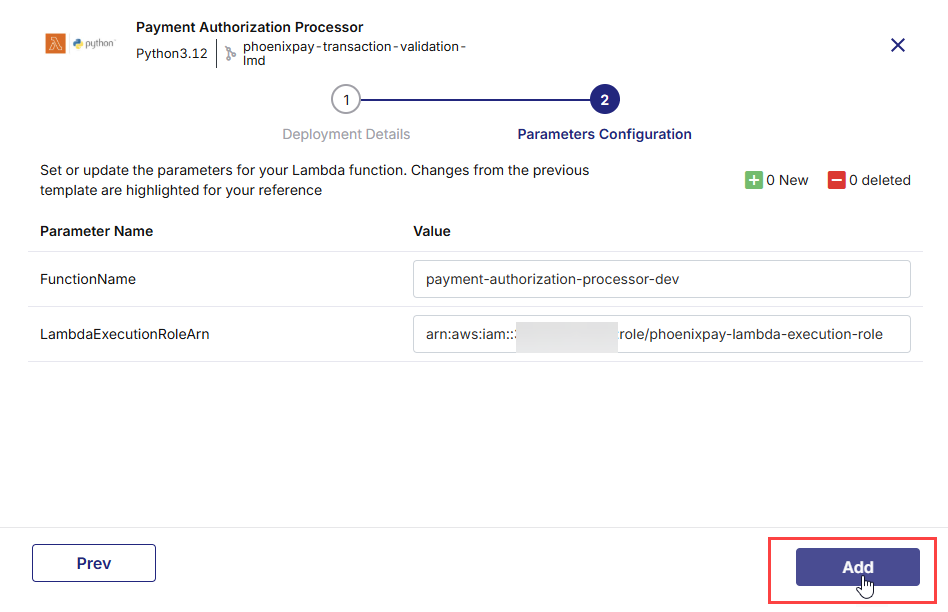 Enter the parameter value you want to use for Lambda deployment