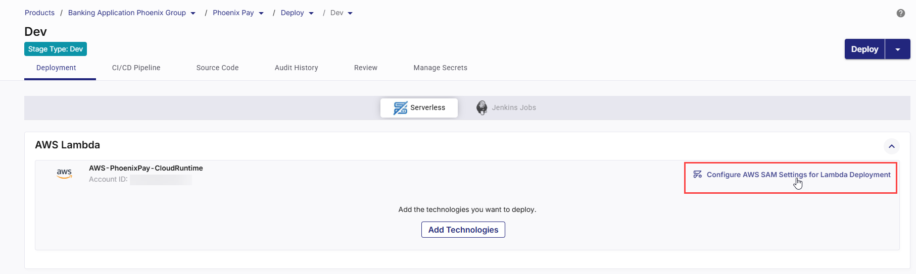 Configure SAM settings for AWS Lambda deployment