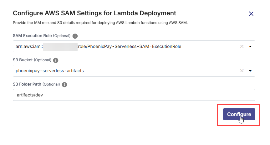 AWS SAM settings confugured for AWS Lambda deployments