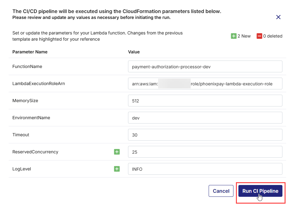 Review or update CFN parameters and run CI pipeline