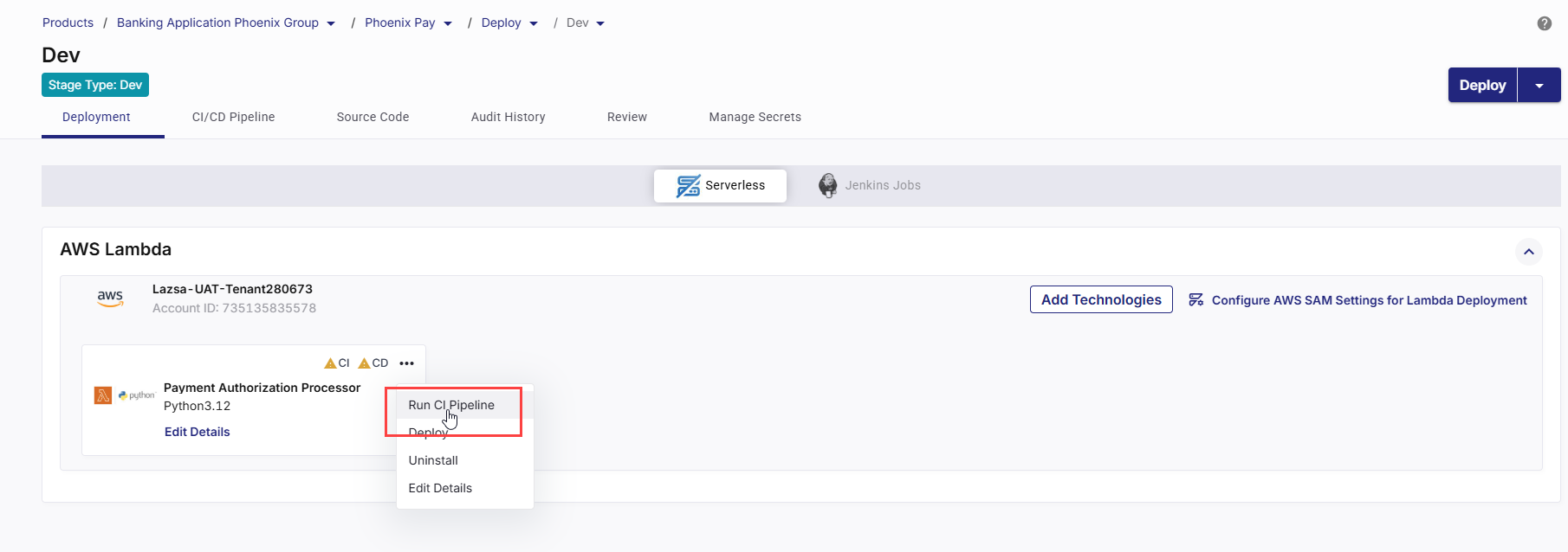 Run CI pipeline for serverless application deployment