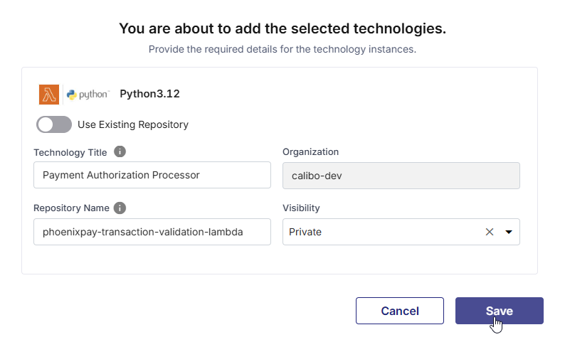 Provide required details for repository creation