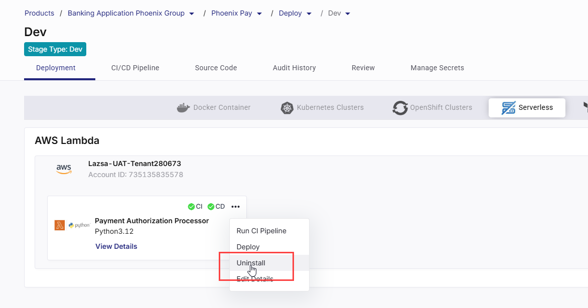 Uninstall a Lambda deployment from Calibo Accelerate UI