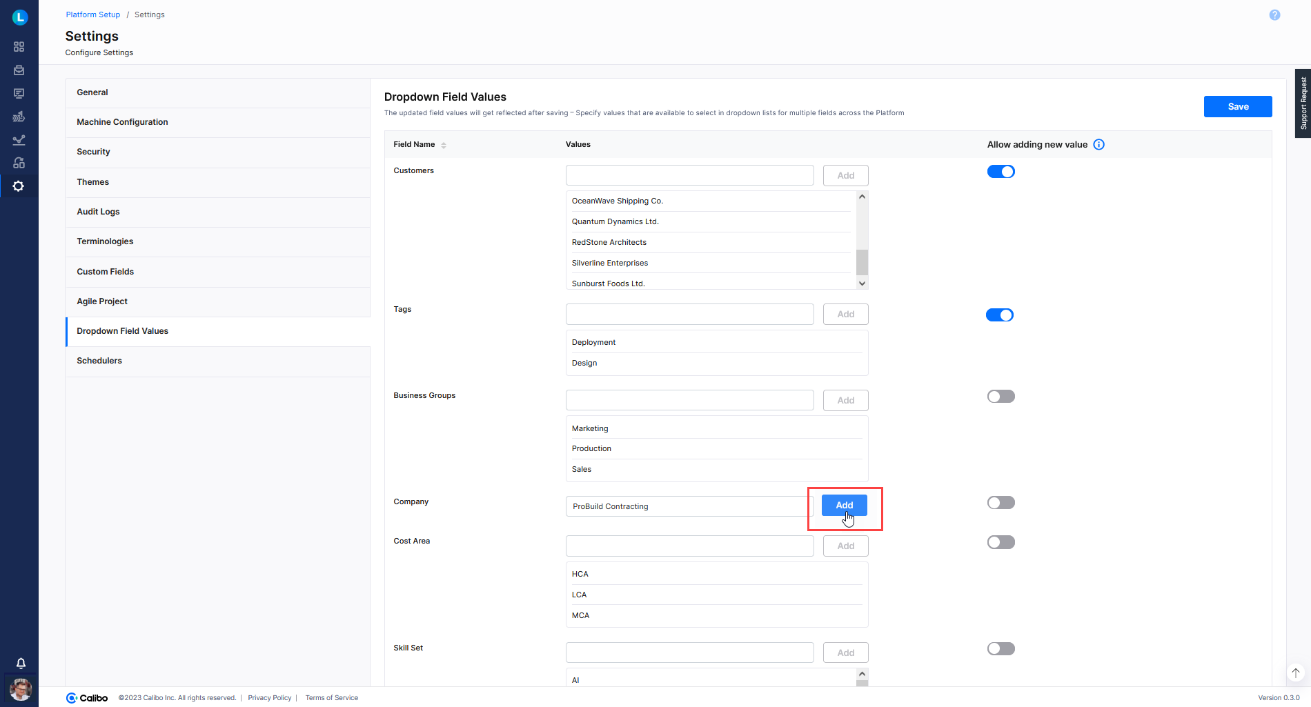 Define and manage dropdown field value options