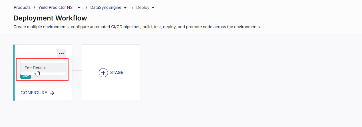 Editing the default Dev stage configuration Editing the default Dev stage configuration