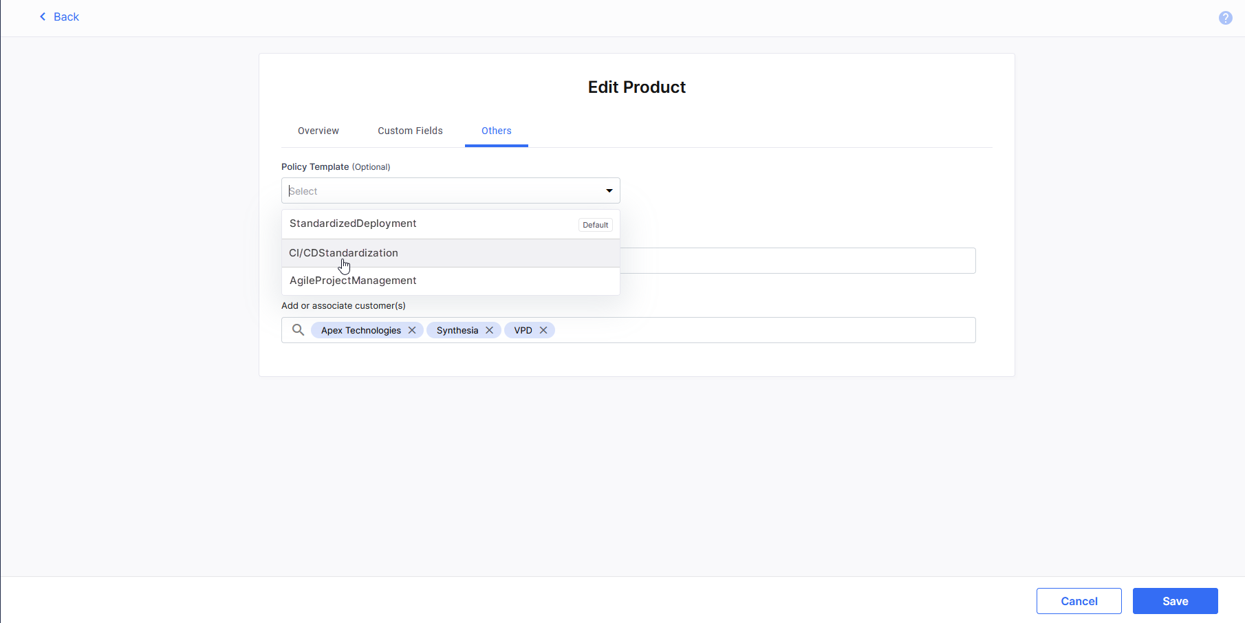 Enforcing a policy template on a product in Lazsa