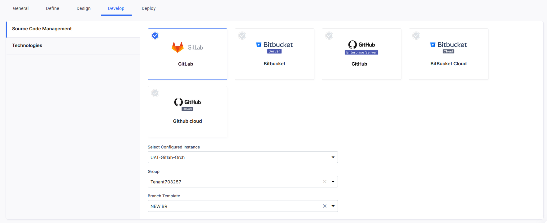 Selecting source code repository in policy template