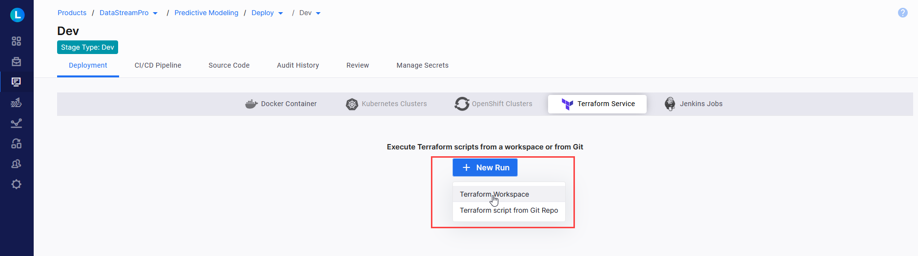 Creating a new Terraform run execution from Lazsa