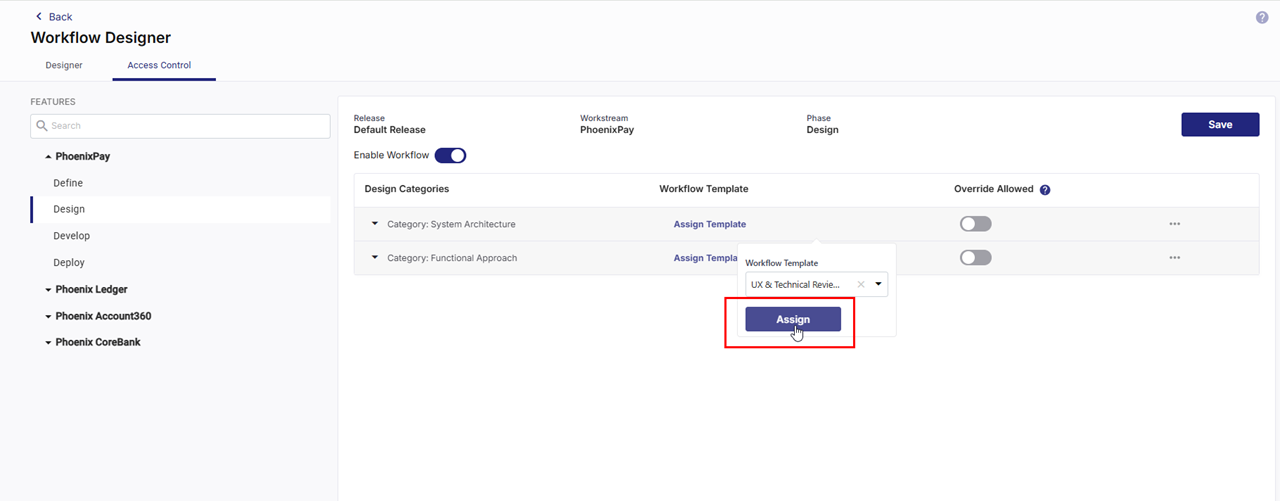 Assigning approval workflow template to design artifact