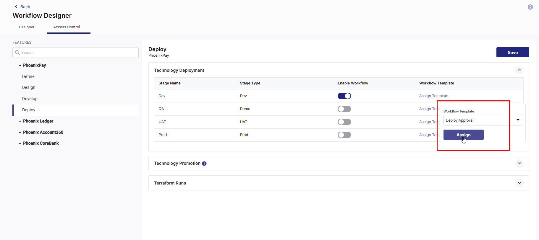 Assigning approval workflow template for technology deployment to a stage
