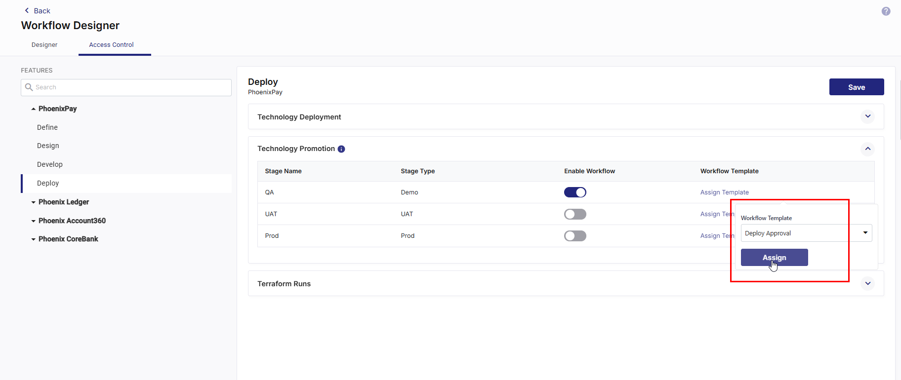 Assigning approval workflow template for technology promotion to a stage