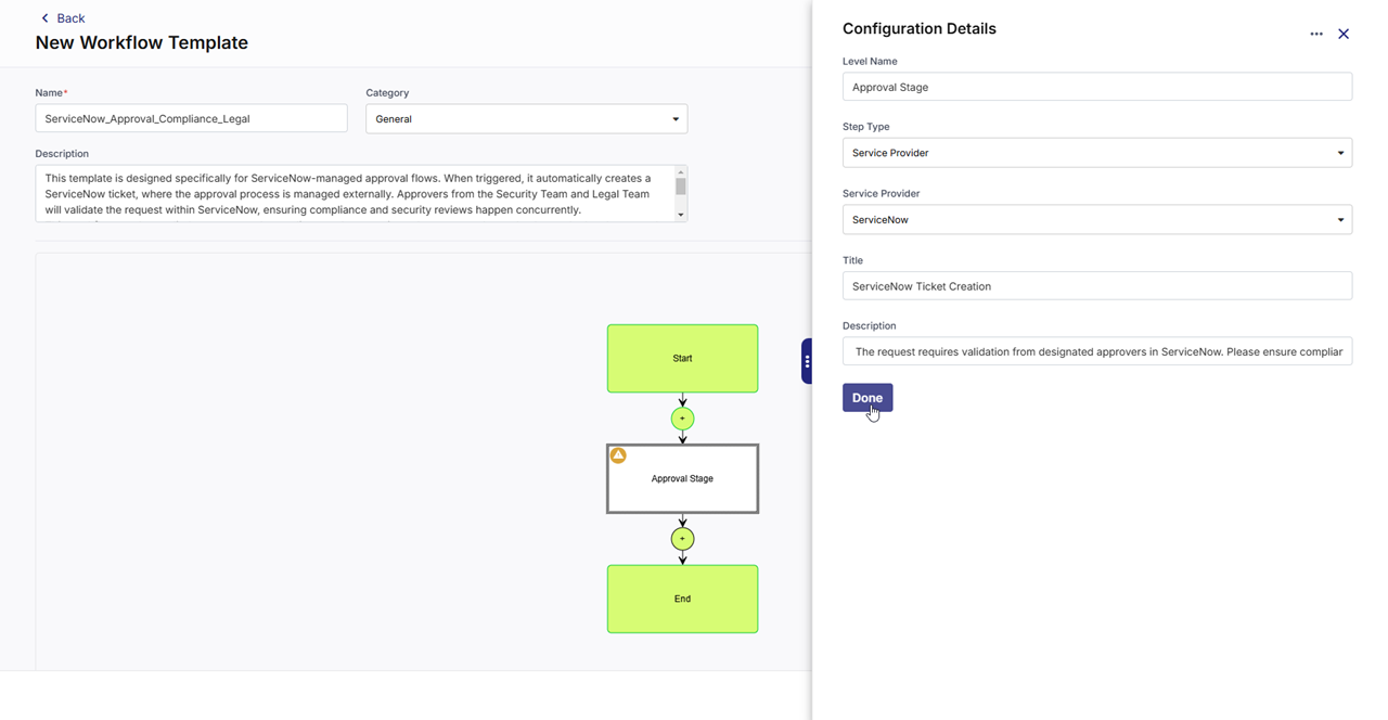 Workflow stage configuration to create ServiceNow ticket